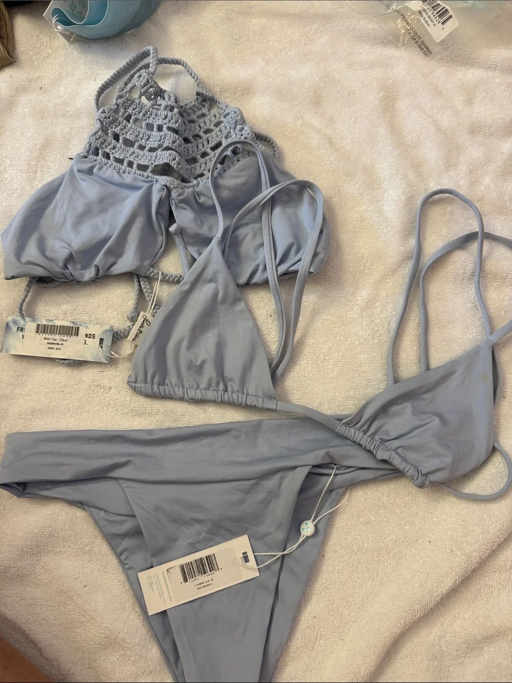 NWT 3-piece Frankie’s Bikinis Set- High-Neck Crochet top, String Top,Nick Bottom